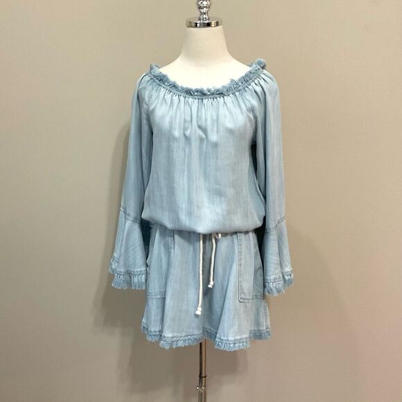 RAMY BROOK Chambray Romper Esie Off The Shoulder Sz S Shortall Light Blue Retro - Picture 2 of 9